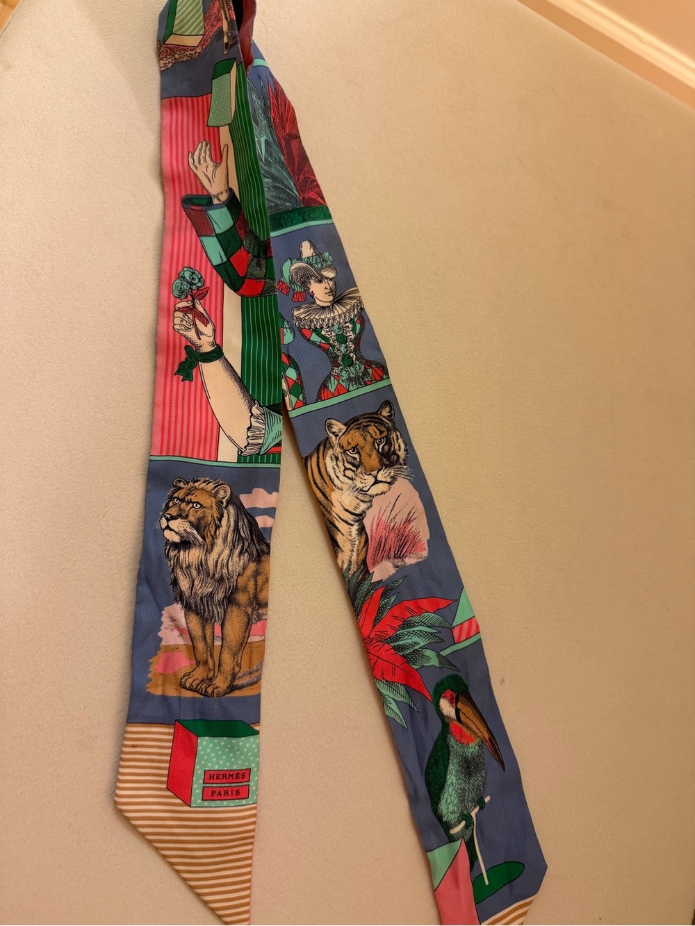 Hermes Multicolor Silk Twilly with Lion, Tiger & Parrot Motifs
